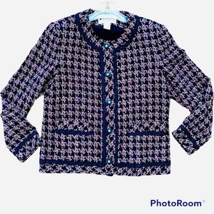 VINTAGE Tweed Structured Blazer Cropped Jacket Black Pink Size 8P